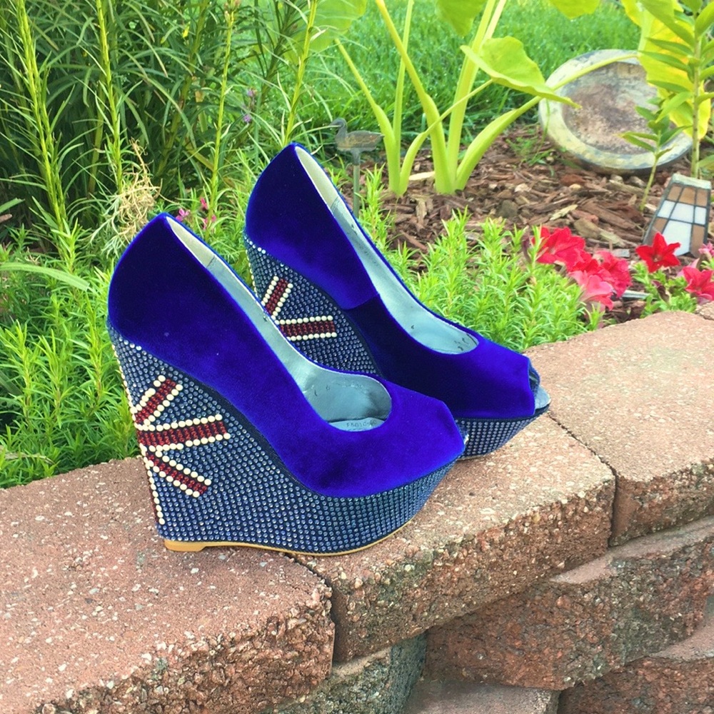 COPY - SunTour Euro 40 🇬🇧 VINTAGE Platform Peep-toe Wedge Leather & Rhinestone - Picture 5 of 17